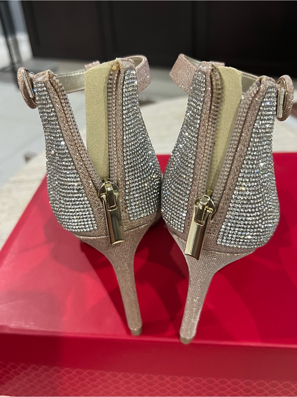 Kelly & Katie Champagne T-Strap Crystal Evening Heels - Picture 3 of 4